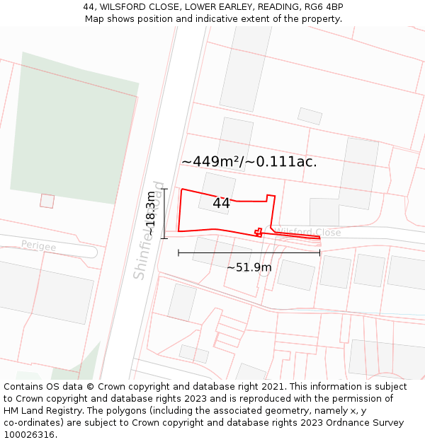 44, WILSFORD CLOSE, LOWER EARLEY, READING, RG6 4BP: Plot and title map