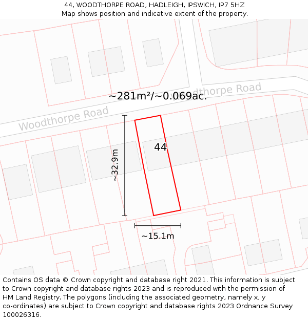 44, WOODTHORPE ROAD, HADLEIGH, IPSWICH, IP7 5HZ: Plot and title map