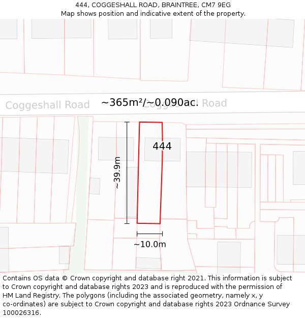 444, COGGESHALL ROAD, BRAINTREE, CM7 9EG: Plot and title map