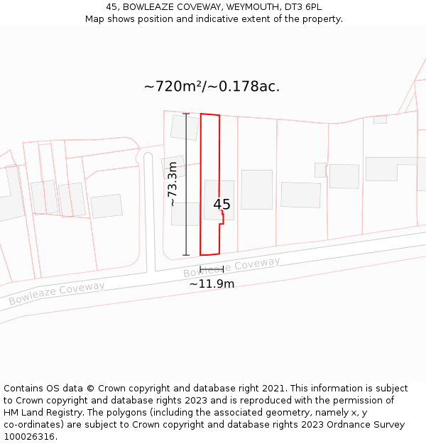 45, BOWLEAZE COVEWAY, WEYMOUTH, DT3 6PL: Plot and title map