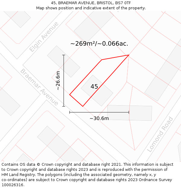 45, BRAEMAR AVENUE, BRISTOL, BS7 0TF: Plot and title map