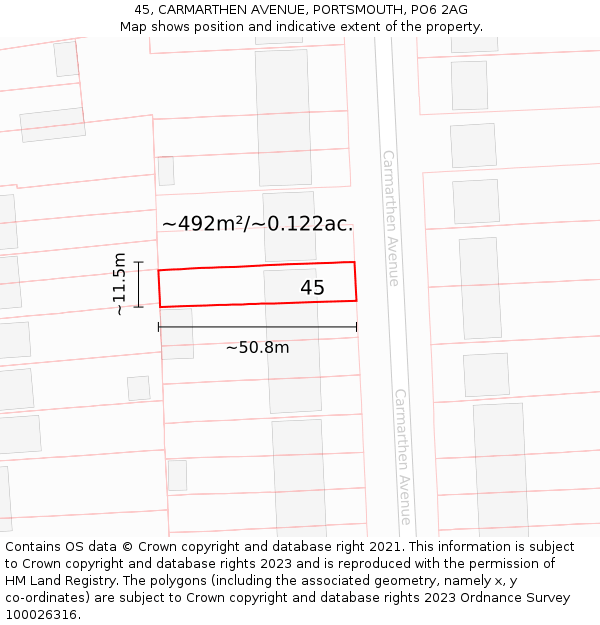 45, CARMARTHEN AVENUE, PORTSMOUTH, PO6 2AG: Plot and title map