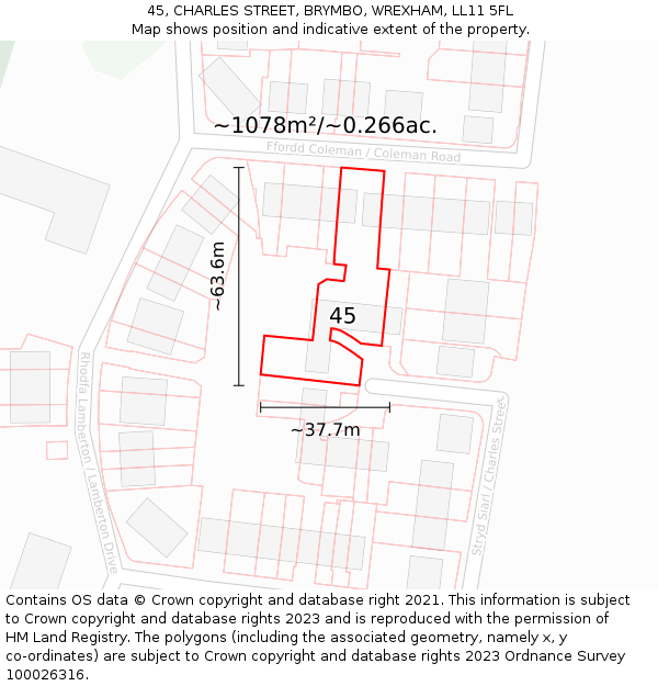 45, CHARLES STREET, BRYMBO, WREXHAM, LL11 5FL: Plot and title map