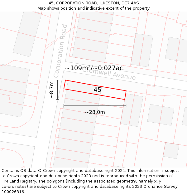 45, CORPORATION ROAD, ILKESTON, DE7 4AS: Plot and title map