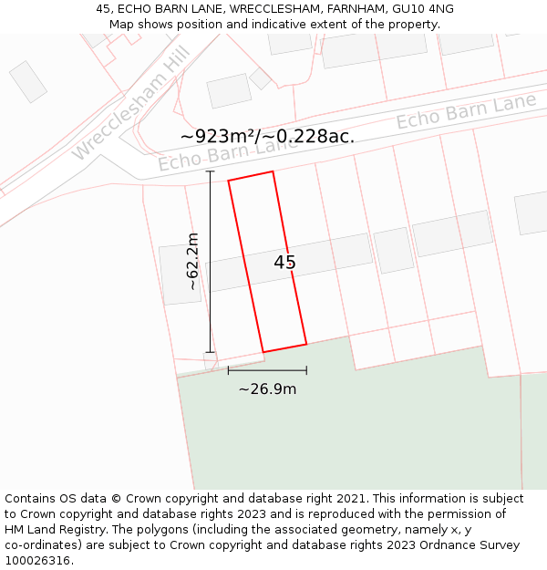 45, ECHO BARN LANE, WRECCLESHAM, FARNHAM, GU10 4NG: Plot and title map