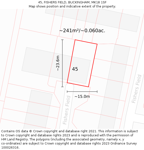 45, FISHERS FIELD, BUCKINGHAM, MK18 1SF: Plot and title map