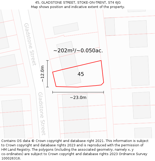 45, GLADSTONE STREET, STOKE-ON-TRENT, ST4 6JG: Plot and title map