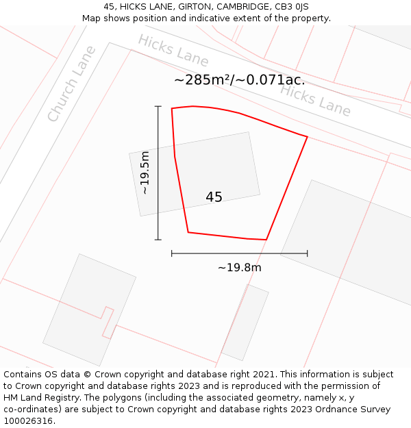 45, HICKS LANE, GIRTON, CAMBRIDGE, CB3 0JS: Plot and title map