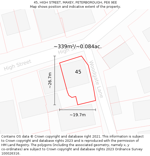 45, HIGH STREET, MAXEY, PETERBOROUGH, PE6 9EE: Plot and title map