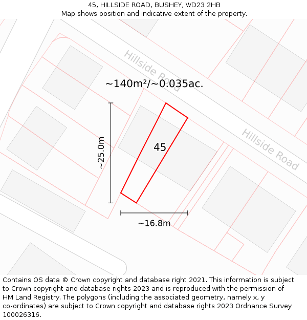 45, HILLSIDE ROAD, BUSHEY, WD23 2HB: Plot and title map