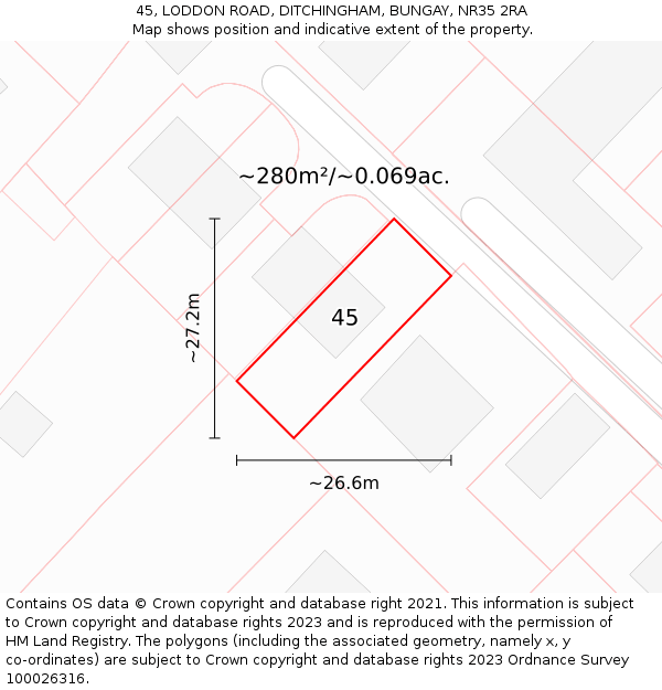 45, LODDON ROAD, DITCHINGHAM, BUNGAY, NR35 2RA: Plot and title map