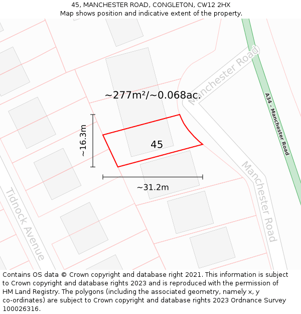 45, MANCHESTER ROAD, CONGLETON, CW12 2HX: Plot and title map