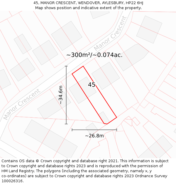 45, MANOR CRESCENT, WENDOVER, AYLESBURY, HP22 6HJ: Plot and title map