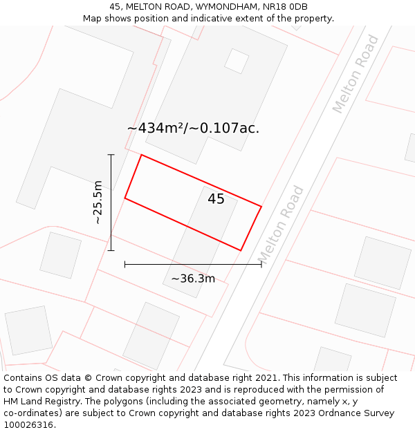 45, MELTON ROAD, WYMONDHAM, NR18 0DB: Plot and title map