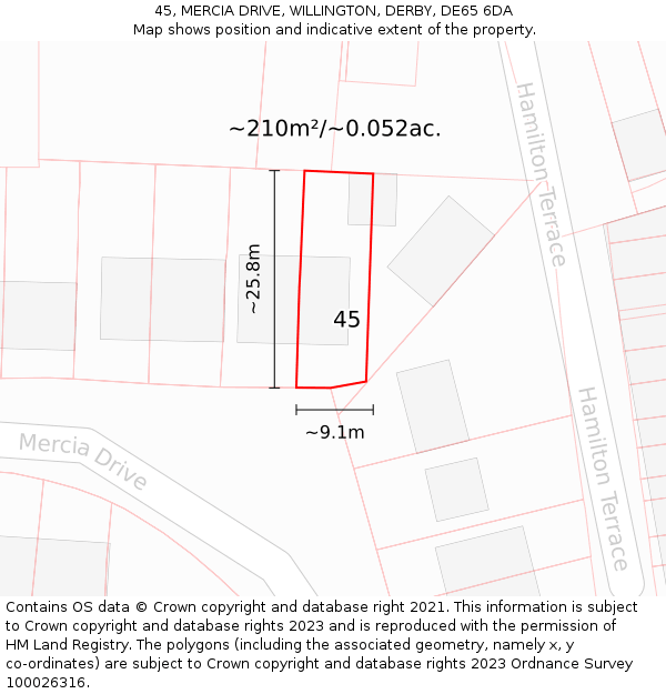 45, MERCIA DRIVE, WILLINGTON, DERBY, DE65 6DA: Plot and title map