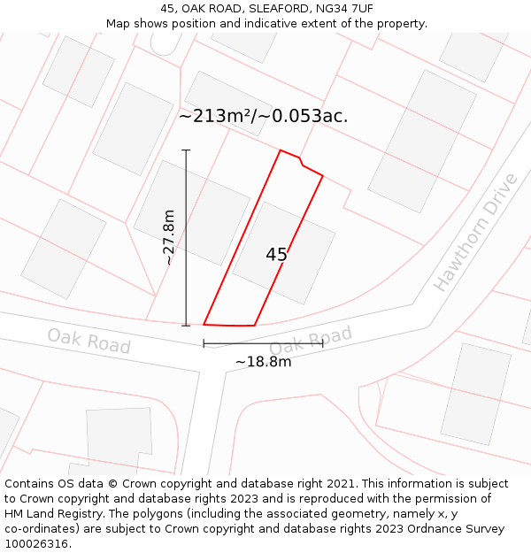 45, OAK ROAD, SLEAFORD, NG34 7UF: Plot and title map