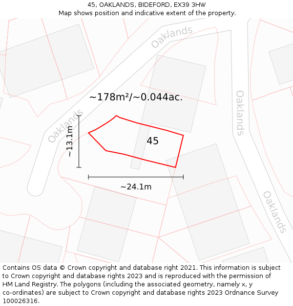 45, OAKLANDS, BIDEFORD, EX39 3HW: Plot and title map