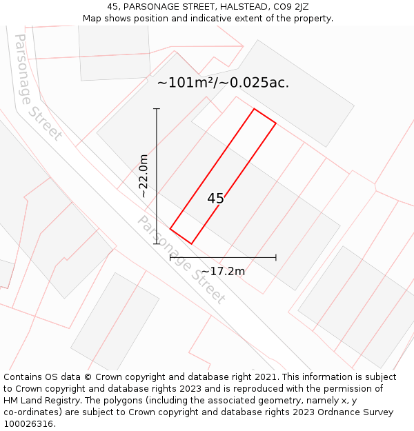 45, PARSONAGE STREET, HALSTEAD, CO9 2JZ: Plot and title map