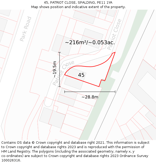 45, PATRIOT CLOSE, SPALDING, PE11 1YA: Plot and title map