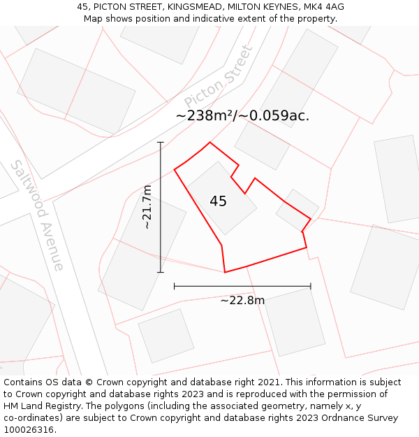 45, PICTON STREET, KINGSMEAD, MILTON KEYNES, MK4 4AG: Plot and title map