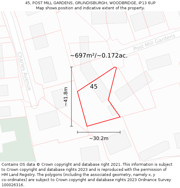 45, POST MILL GARDENS, GRUNDISBURGH, WOODBRIDGE, IP13 6UP: Plot and title map