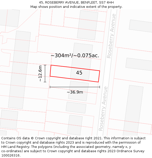 45, ROSEBERRY AVENUE, BENFLEET, SS7 4HH: Plot and title map