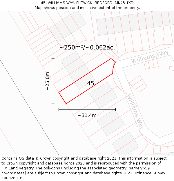 45, WILLIAMS WAY, FLITWICK, BEDFORD, MK45 1XD: Plot and title map