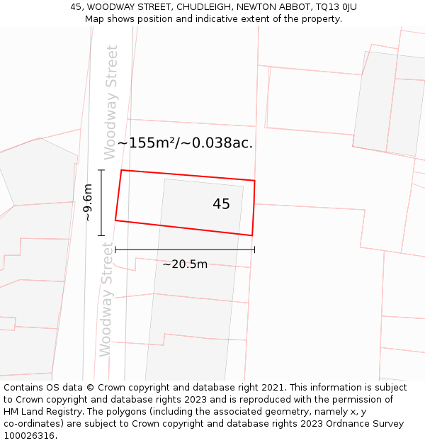 45, WOODWAY STREET, CHUDLEIGH, NEWTON ABBOT, TQ13 0JU: Plot and title map