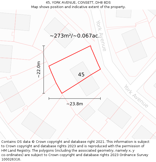 45, YORK AVENUE, CONSETT, DH8 8DS: Plot and title map