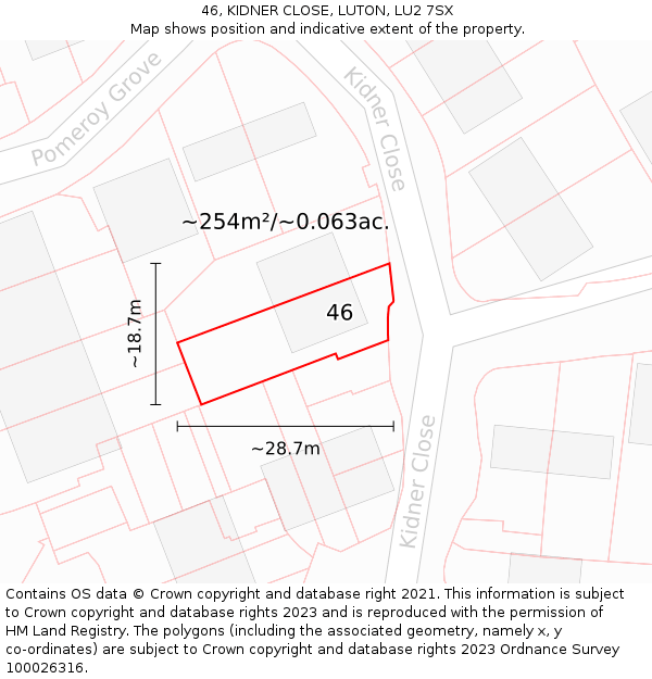46, KIDNER CLOSE, LUTON, LU2 7SX: Plot and title map