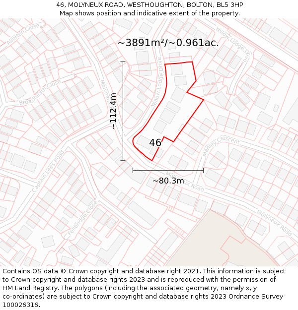 46, MOLYNEUX ROAD, WESTHOUGHTON, BOLTON, BL5 3HP: Plot and title map