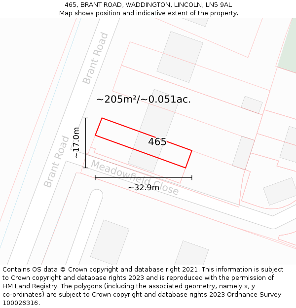 465, BRANT ROAD, WADDINGTON, LINCOLN, LN5 9AL: Plot and title map