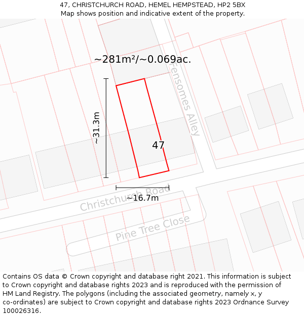 47, CHRISTCHURCH ROAD, HEMEL HEMPSTEAD, HP2 5BX: Plot and title map