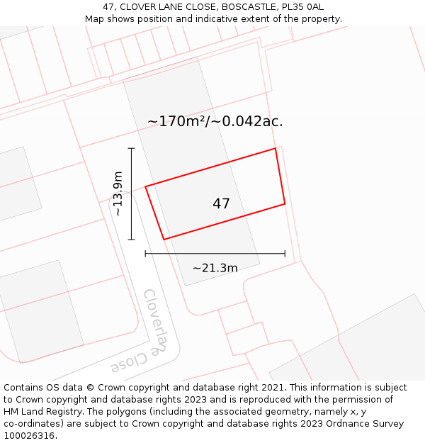 47, CLOVER LANE CLOSE, BOSCASTLE, PL35 0AL: Plot and title map