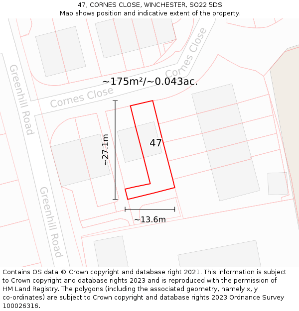 47, CORNES CLOSE, WINCHESTER, SO22 5DS: Plot and title map