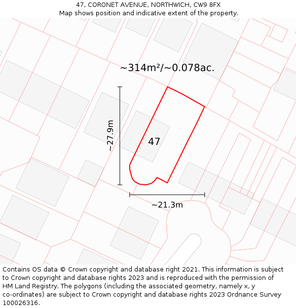 47, CORONET AVENUE, NORTHWICH, CW9 8FX: Plot and title map