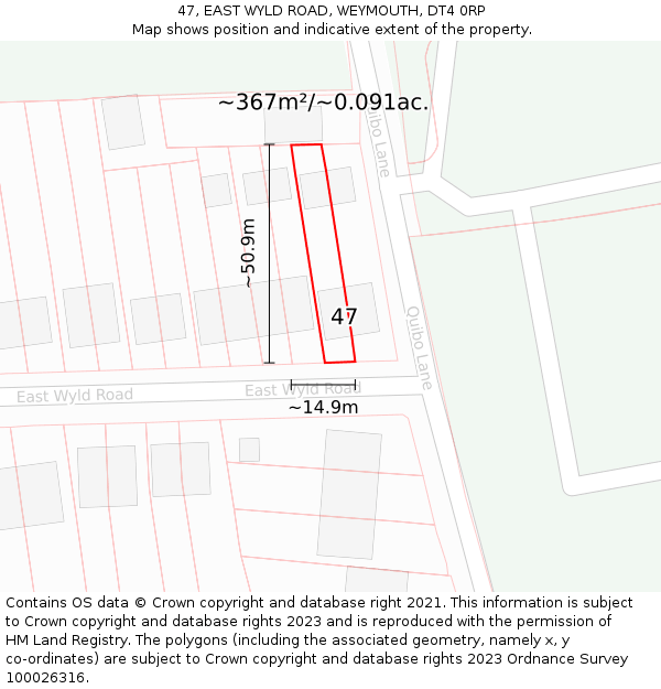 47, EAST WYLD ROAD, WEYMOUTH, DT4 0RP: Plot and title map