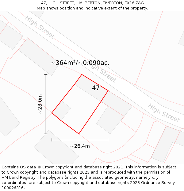 47, HIGH STREET, HALBERTON, TIVERTON, EX16 7AG: Plot and title map