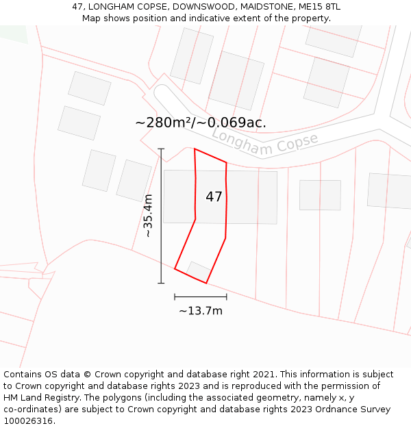 47, LONGHAM COPSE, DOWNSWOOD, MAIDSTONE, ME15 8TL: Plot and title map