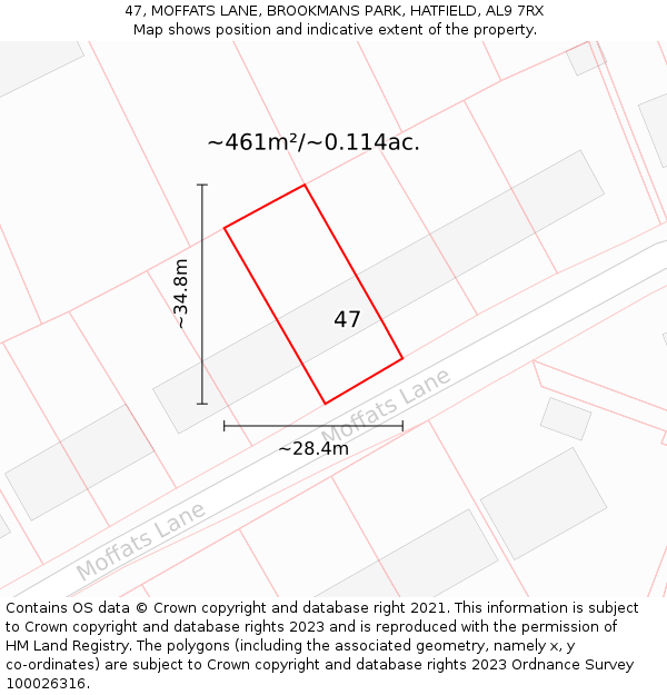 47, MOFFATS LANE, BROOKMANS PARK, HATFIELD, AL9 7RX: Plot and title map