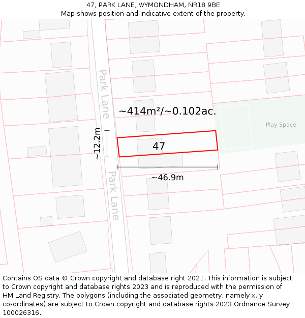 47, PARK LANE, WYMONDHAM, NR18 9BE: Plot and title map