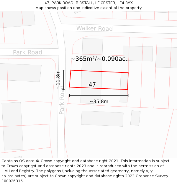 47, PARK ROAD, BIRSTALL, LEICESTER, LE4 3AX: Plot and title map