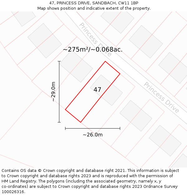 47, PRINCESS DRIVE, SANDBACH, CW11 1BP: Plot and title map