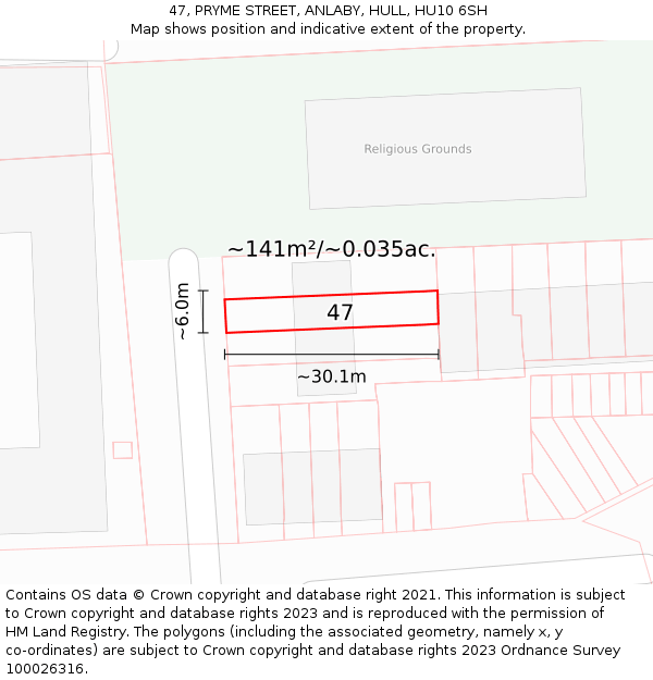 47, PRYME STREET, ANLABY, HULL, HU10 6SH: Plot and title map