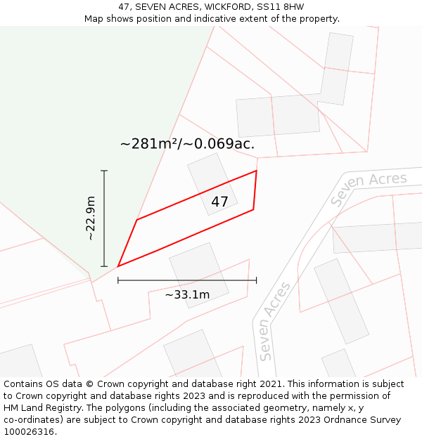 47, SEVEN ACRES, WICKFORD, SS11 8HW: Plot and title map