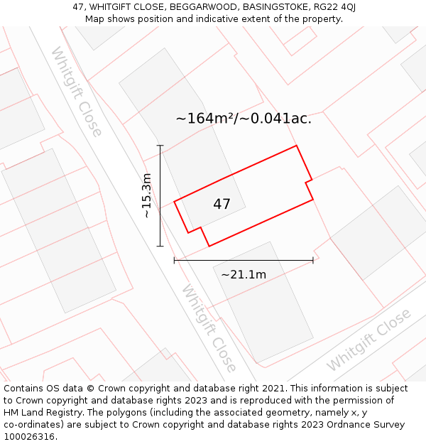 47, WHITGIFT CLOSE, BEGGARWOOD, BASINGSTOKE, RG22 4QJ: Plot and title map