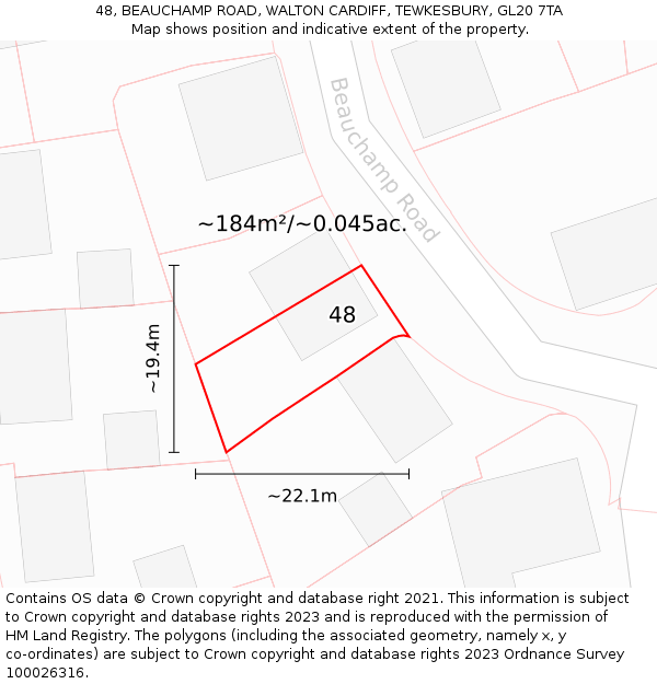 48, BEAUCHAMP ROAD, WALTON CARDIFF, TEWKESBURY, GL20 7TA: Plot and title map