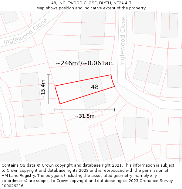 48, INGLEWOOD CLOSE, BLYTH, NE24 4LT: Plot and title map