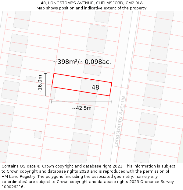 48, LONGSTOMPS AVENUE, CHELMSFORD, CM2 9LA: Plot and title map