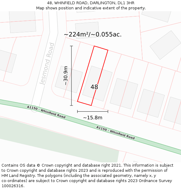 48, WHINFIELD ROAD, DARLINGTON, DL1 3HR: Plot and title map